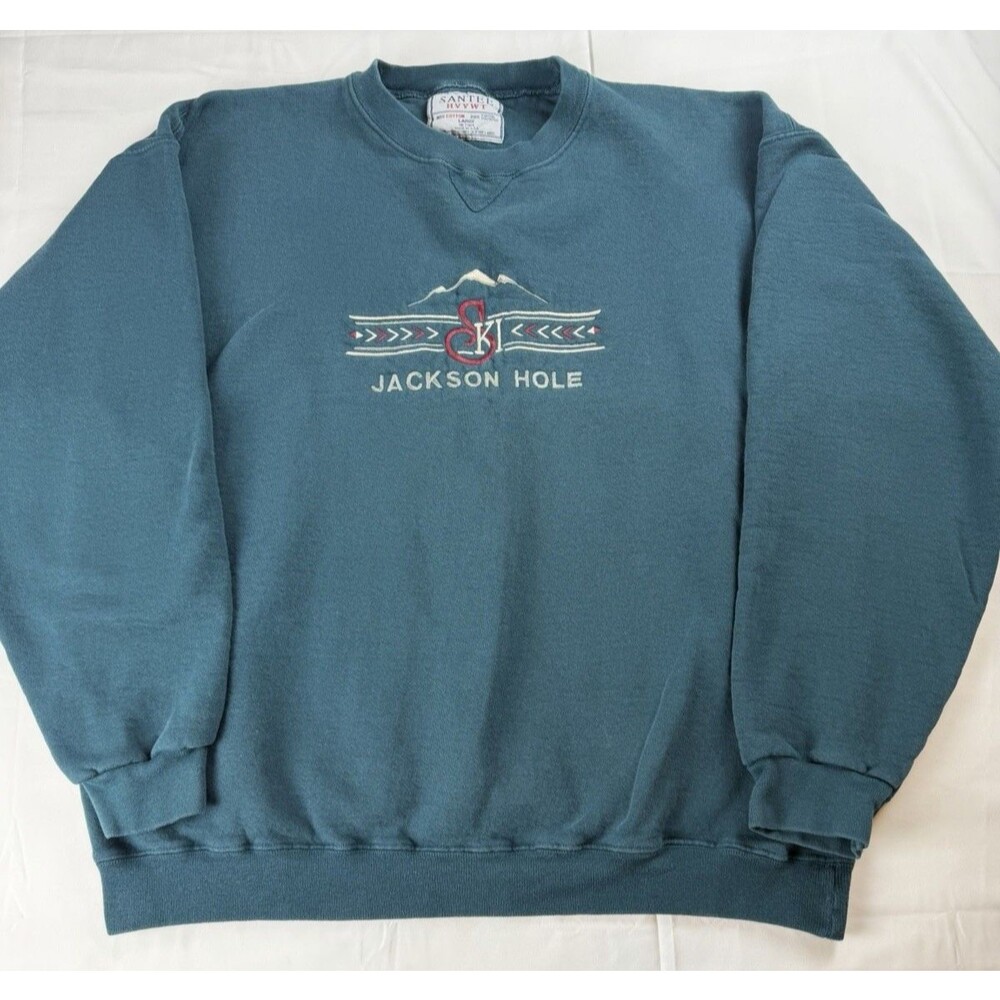 Vtg 90s Ski Jackson Hole Santee Crewneck Sweatshirt USA Made Teal L Embroidered